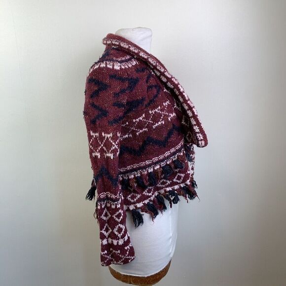 Anthropologie Moth Vera Fringe Cardigan XS S Sweater Aztec Cotton Red Cream Fall - Picture 14 of 15